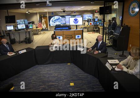 U.S. Vice President Kamala Harris speaks during a briefing on climate resilience as communities face climate risks including hurricanes, floods, drought, extreme heat, and wildfires, at National Hurricane Center in Miami, Florida, on Monday August 1, 2022. Next to Harris are, from left, the National Oceanic and Atmospheric Administration (NOAA) Administrator Richard Spinrad, the U.S. Department of Homeland Security Secretary Alejandro Mayorkas, and the Federal Emergency Management Agency (FEMA) Administrator Deanne Criswell. Photo by Cristobal Herrera-Ulashkevich/UPI Stock Photo