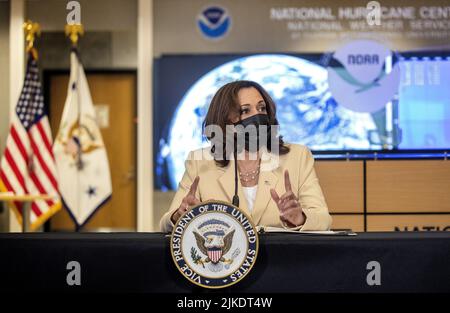 Miami, United States. 01st Aug, 2022. U.S. Vice President Kamala Harris speaks during a briefing on climate resilience as communities face climate risks including hurricanes, floods, drought, extreme heat, and wildfires, at National Hurricane Center in Miami, Florida, on Monday August 1, 2022. Photo by Cristobal Herrera-Ulashkevich/UPI Credit: UPI/Alamy Live News Stock Photo