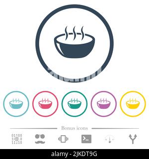 Glossy steaming bowl flat color icons in round outlines. 6 bonus icons included. Stock Vector