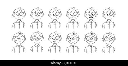 A set of drawings of a cartoon man in glasses with different emotions on his face. Doodle style Stock Vector