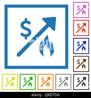 Rising gas energy american dollar prices flat color icons in square frames on white background Stock Vector