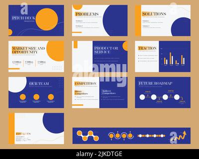 Company Investment Presentation Of Pitch Deck Template Set With Placeholder On Brown Background. Stock Vector