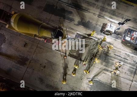 Aerial view of highway repair at night, Philadelphia, Pennsylvania, USA Stock Photo