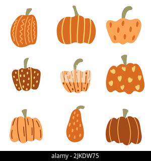 Hand drawn pumpkin set vector illustration. Collection autumn orange vegetables decorated with dotted lines and patterns. Halloween and thanksgiving d Stock Vector