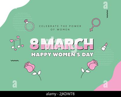 8 March, Happy Women's Day Concept With Diamond Ring, Female Gender Sign, Rose Flower, Music Note, Lipstick On Abstract Green Background. Stock Vector