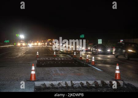 Highway repair at night, Philadelphia, USA Stock Photo
