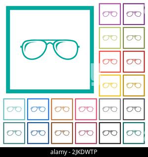 Glasses with glosses flat color icons with quadrant frames on white background Stock Vector