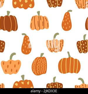 Hand drawn pumpkins seamless autumn pattern. Background with decorated orange pumpkins. Fall print for textiles, packaging and design. Symbol autumn Stock Vector