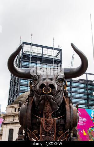 10 mtr high Mechanical Bull, the centrepiece of Commonwealth Games 2022 opening ceremony. Now on display at Centenary Square in Birmingham. Stock Photo
