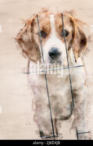 Watercolor painting of a beagle dog in cage, behind the bars or fence Stock Photo