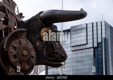 10 mtr high Mechanical Bull, the centrepiece of Commonwealth Games 2022 opening ceremony. Now on display at Centenary Square in Birmingham. Stock Photo