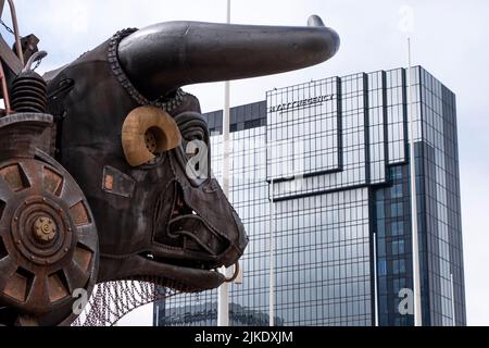 10 mtr high Mechanical Bull, the centrepiece of Commonwealth Games 2022 opening ceremony. Now on display at Centenary Square in Birmingham. Stock Photo