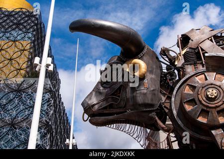 10 mtr high Mechanical Bull, the centrepiece of Commonwealth Games 2022 opening ceremony. Now on display at Centenary Square in Birmingham. Stock Photo