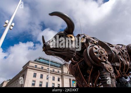 10 mtr high Mechanical Bull, the centrepiece of Commonwealth Games 2022 opening ceremony. Now on display at Centenary Square in Birmingham. Stock Photo