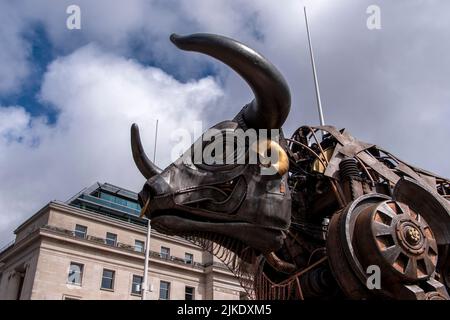 10 mtr high Mechanical Bull, the centrepiece of Commonwealth Games 2022 opening ceremony. Now on display at Centenary Square in Birmingham. Stock Photo