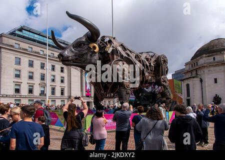 10 mtr high Mechanical Bull, the centrepiece of Commonwealth Games 2022 opening ceremony. Now on display at Centenary Square in Birmingham. Stock Photo