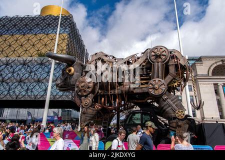 10 mtr high Mechanical Bull, the centrepiece of Commonwealth Games 2022 opening ceremony. Now on display at Centenary Square in Birmingham. Stock Photo