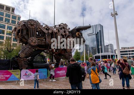 10 mtr high Mechanical Bull, the centrepiece of Commonwealth Games 2022 opening ceremony. Now on display at Centenary Square in Birmingham. Stock Photo