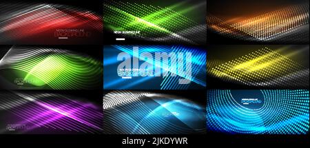 Set of vector neon smooth wave digital abstract backgrounds Stock Vector