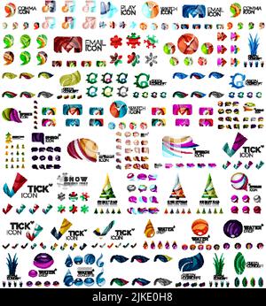 Logo mega collection, abstract geometric business icon set. Leaves, umbrella protection concept, music note, light bulb idea, email and other Stock Vector