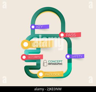 Vector lock icon infographic concept. Modern flat line art icon design with cloud tags on transparent stickers Stock Vector