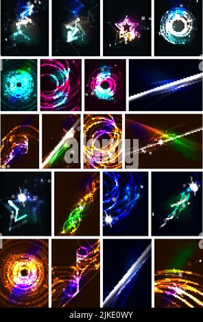 Glowing lines in the dark space, set of abstract backgrounds, modern hi-tech futuristic message presentation layouts or wallpapers Stock Vector