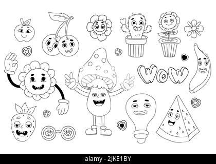 Retro set of groovy elements. Vector clipart vintage funky hippy style. Funny characters flower power, cactus in pot, mushroom, cherry, banana, strawb Stock Vector