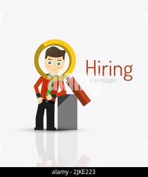 Hiring flat design concept. Man standing on glossy surface and magnifying glass Stock Vector