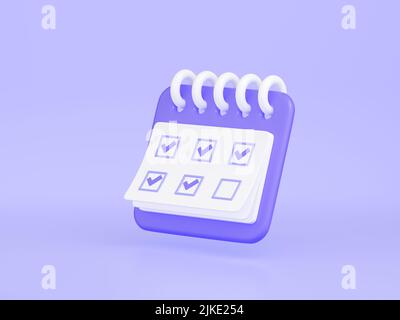 Calendar with marked date 3d render illustration. Purple floating organizer with rings, check points noted with mark day Stock Photo
