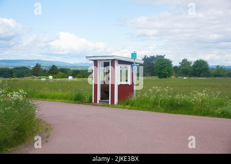 Wooden Bus Stop on Sollerön in the county of Dalarna in Sweden Stock Photo