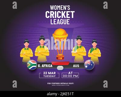 Women's Cricket Match Between South Africa VS Australia With Faceless Female Players, 3D Winning Trophy Cup On Purple And Black Stadium Background. Stock Vector