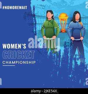 Women's Cricket Championship Concept With Participating Countries Players And Winning Trophy Cup On Blue Brush Stroke Grunge Background. Stock Vector