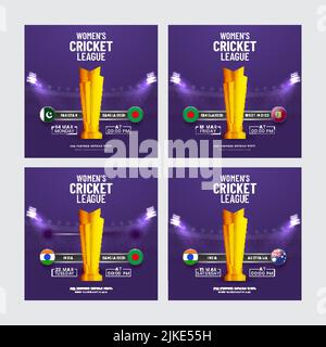 Social Media Women's Cricket Match Posts Or Template Set With Participating Countries Flag Badge And 3D Golden Winning Trophy Cup On Purple Stadium Ba Stock Vector
