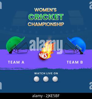 Women's Cricket Championship Concept With Participating Countries Helmet Of Team A VS B, Firing Ball On Blue And Violet Brush Effect Background. Stock Vector