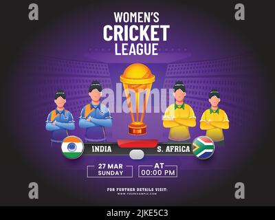 Women's Cricket Match Between India VS South Africa With Faceless Female Players, 3D Winning Trophy Cup On Purple And Black Stadium Background. Stock Vector