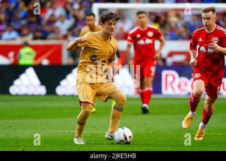 HARRISON, NJ - JULY 30: FC Barcelona midfielder Gavi (30) controls the ball  during the game between New York Red Bulls and FC Barcelona on July 30,  2022 at Red Bull Arena