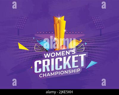 Sticker Style Women's Cricket Championship Font With 3D Shiny Trophy Cup, Participating Countries Helmets On Purple Stadium View. Stock Vector
