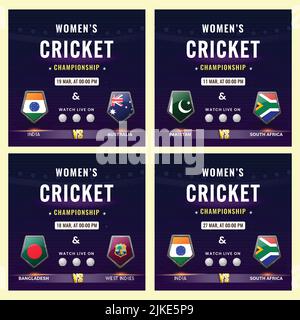 Women's Cricket Match Social Media Posts Or Template With Participating Countries Flag Shield On Purple Background In Four Options. Stock Vector
