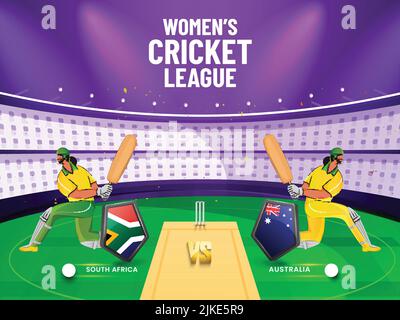 Women's Cricket Match Between South Africa VS Australia With 3D Flag Shields And Batter Players Character On Stadium View Background. Stock Vector