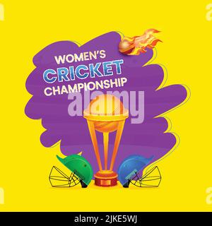 Women's Cricket Championship Font With Firing Ball, Participating Countries Helmet, 3D Winning Trophy Cup On Purple And Yellow Background. Stock Vector