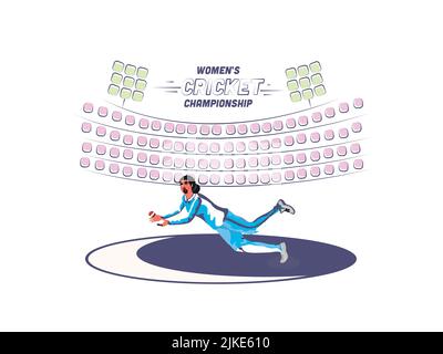 Women's Cricket Championship Concept With Female Fielder Catching Ball On Doodle Stadium Background. Stock Vector