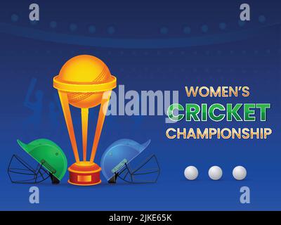 Women's Cricket Championship Concept With Participating Countries Helmets And 3D Trophy Cup On Blue Silhouette Player Background. Stock Vector