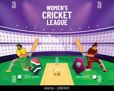 Women's Cricket Match Between South Africa VS West Indies With 3D Flag Shield And Batter Players Character On Stadium View Background. Stock Vector