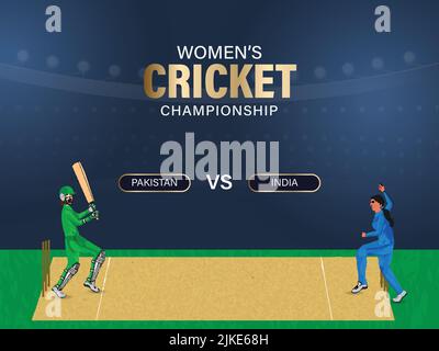 Women's Cricket Match Between Pakistan VS India Of Bowler, Batter Players On Playground View For Championship Concept. Stock Vector