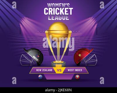 Women's Cricket Match Between New Zealand VS West Indies With Attire Helmets And 3D Golden Trophy Cup On Purple Stadium Background. Stock Vector
