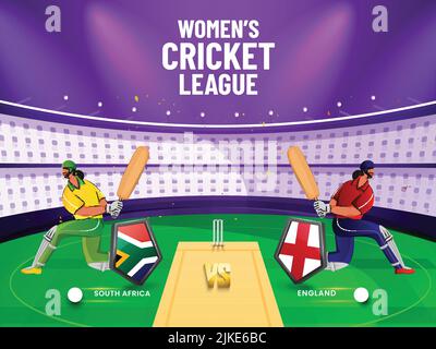Women's Cricket Match Between South Africa VS England With 3D Flag Shields And Batter Players Character On Stadium View Background. Stock Vector