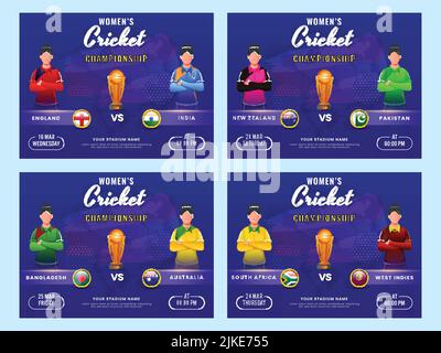 Women's Cricket Championship Poster Design With Participating Countries Players And 3D Winning Trophy Cup In Four Options. Stock Vector