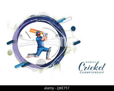 Women's Cricket Championship Concept With Cartoon Female Batter Player, Circular Brush Effect And Halftone On White Background. Stock Vector