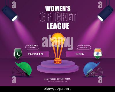 Women's Cricket Match Participating Countries Of Pakistan VS India And Spotlights Effect 3D Winning Trophy At Podium On Purple Background. Stock Vector
