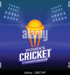 Sticker Style Women's Cricket Championship Font With 3D Winning Trophy Cup On Blue Stadium View Background. Stock Vector